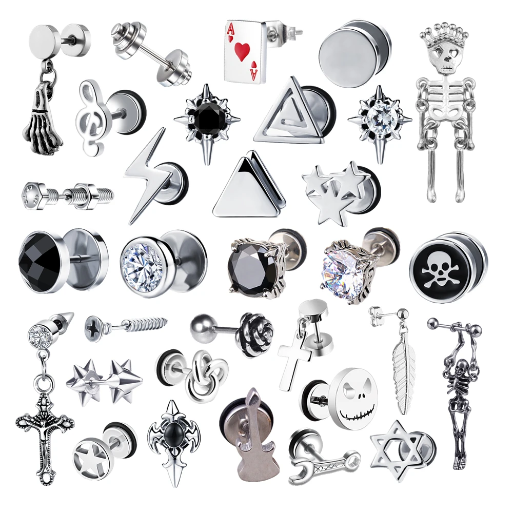 Top Trends: 2021 Punk Stainless Surgical Steel Women Men's Stud Earrings Small Gothic Geometry Skeleton Rock Zircon Hip Hop Jewelry Earrings Shoppable Styles