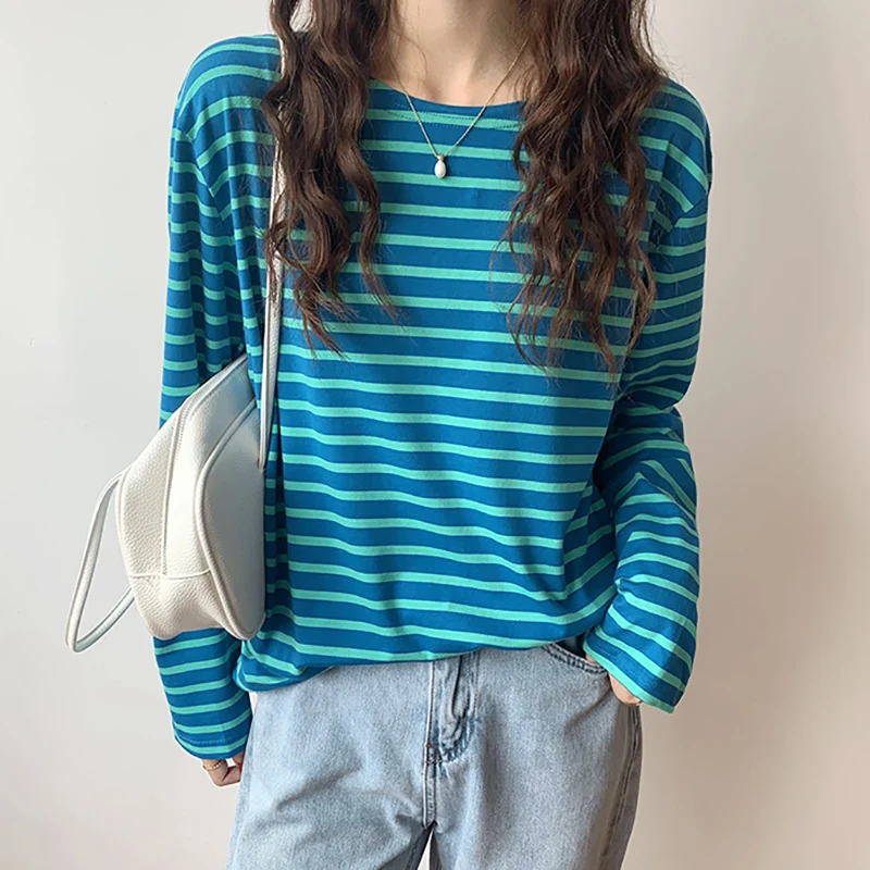 Top Trends: Women's Cotton Striped T-Shirt Top O Neck Loose Casual All-match T Shirts Female Long Sleeve Basic Fashion Korean New Tees Femme Shoppable Styles