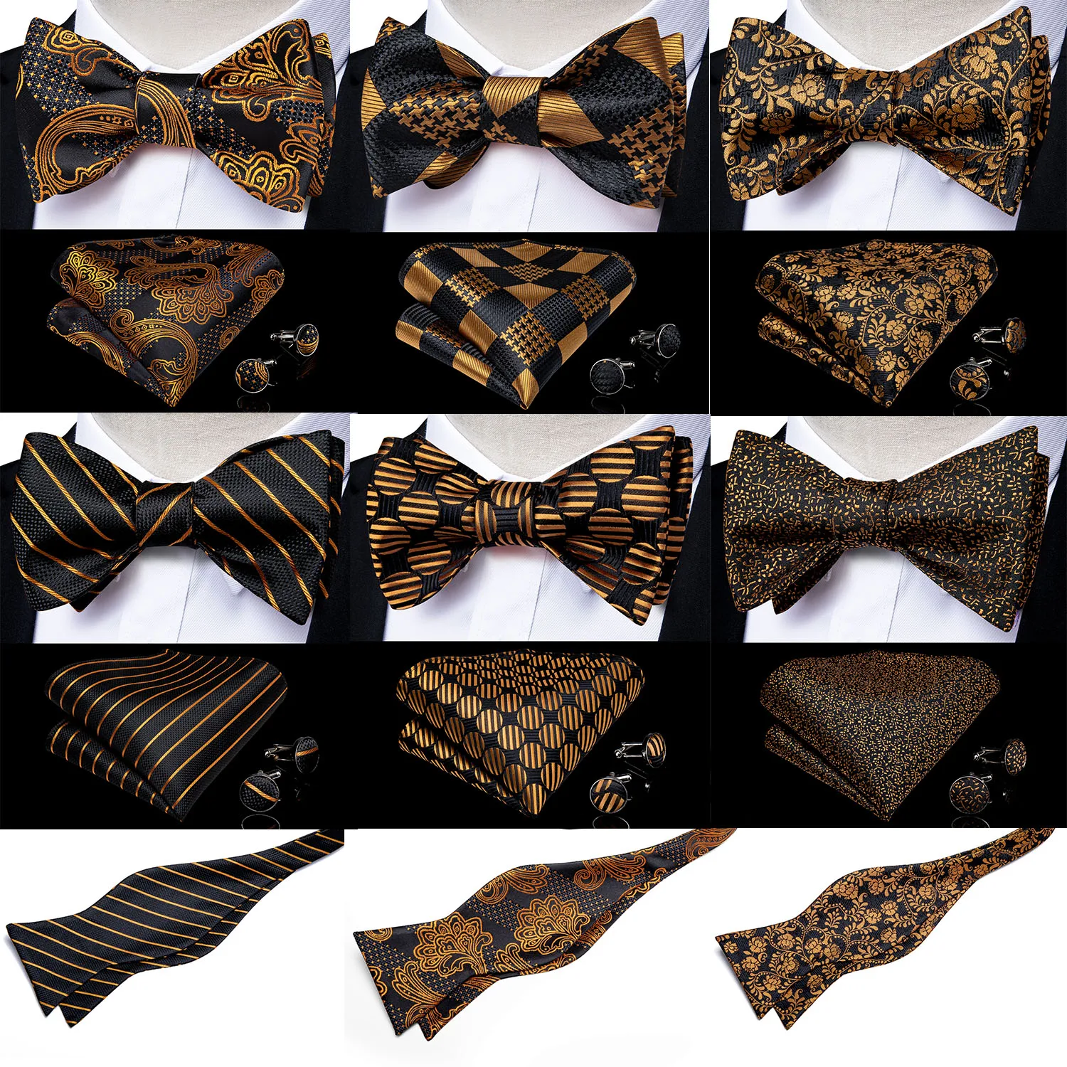 Top Trends: Self Tie Bow Tie Handkerchief Cufflinks Set Fashion Black Gold Men&#039;s Silk Butterfly Bowknot Formal Wedding Party Cravat DiBanGu Shoppable Styles