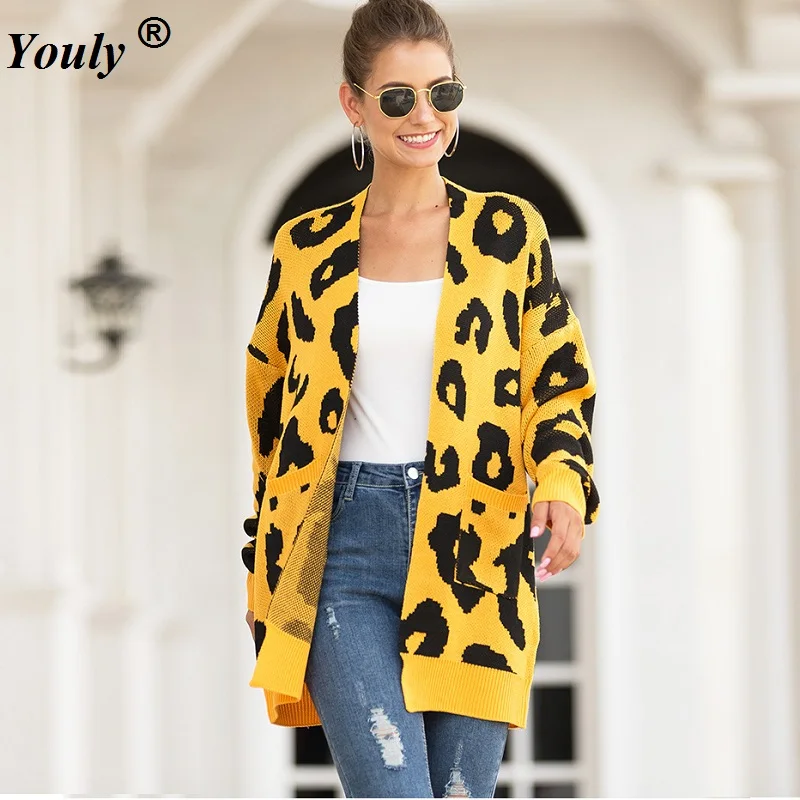 Top Trends: 2021 Autumn Winter Long Sweater Cardigan Coat Casual Loose Mid-length Dual Pocket Leopord Pattern Knitted Sweater Shoppable Styles