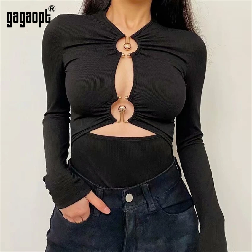 Top Trends: Gagaopt Sexy Open Front Bodysuits Women Black Longsleeve Autumn Slim Rompers Womens Jumpsuit Basic Playsuit Womens Tops Shoppable Styles