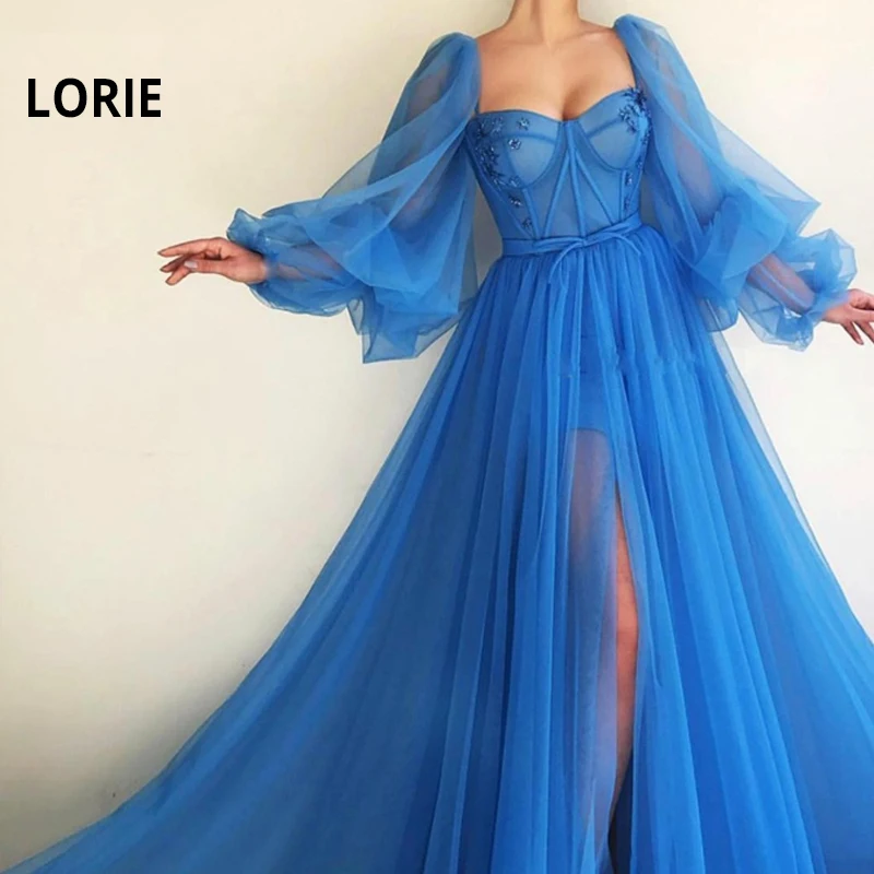 Top Trends: LORIE Blue Prom Dresses Sweeteart Appliques Long Puff Sleeves Tulle Front Split Arabic Evening Gown Corset Party Dress 2024 Shoppable Styles