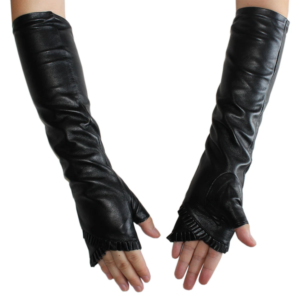 Top Trends: New Women Long Leather Gloves Black Fashion Sheepskin Velvet Silk Lining Half Finger Gloves Autumn And Winter Shoppable Styles