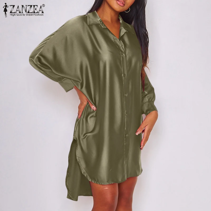 Top Trends: ZANZEA 2023 Stylish Satin Shirt Dress Women's Irregular Sundress Casual Long Sleeve Lapel Mini Vestidos Robe Shoppable Styles - Image 2