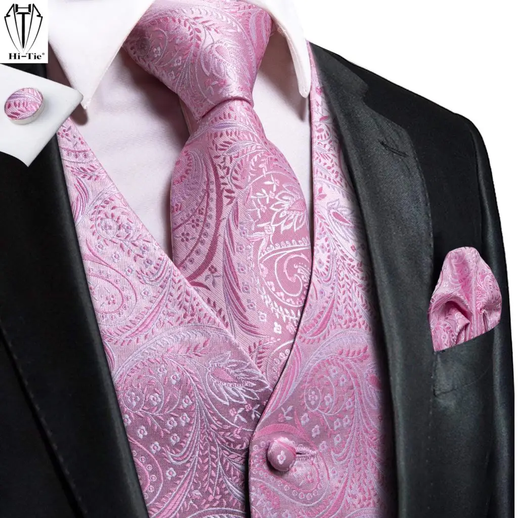 Top Trends: Hi-Tie Silk Mens Suit Vests Pink Paisley 4PC Woven Waistcoat Tie Pocket Square Cufflinks Set Business Wedding Dress Waist Jacket Shoppable Styles