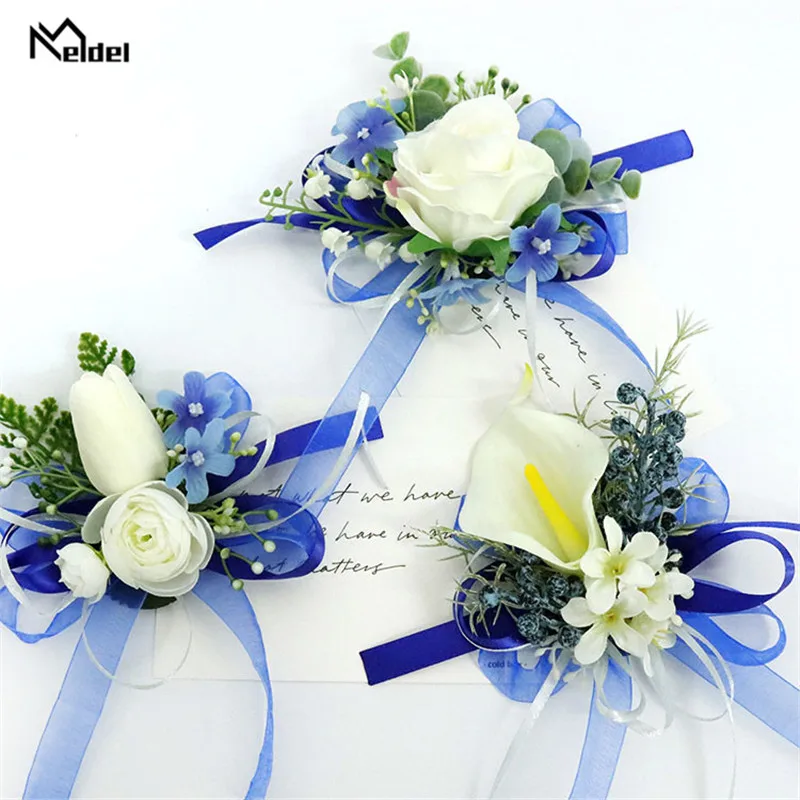 Top Trends: White Roses Blue Ribbon Wrist Corsage Wedding Boutonnieres Tulip Bracelet Flowers Groom Man Suit Buttonhole Brooch Pins Marriage Shoppable Styles