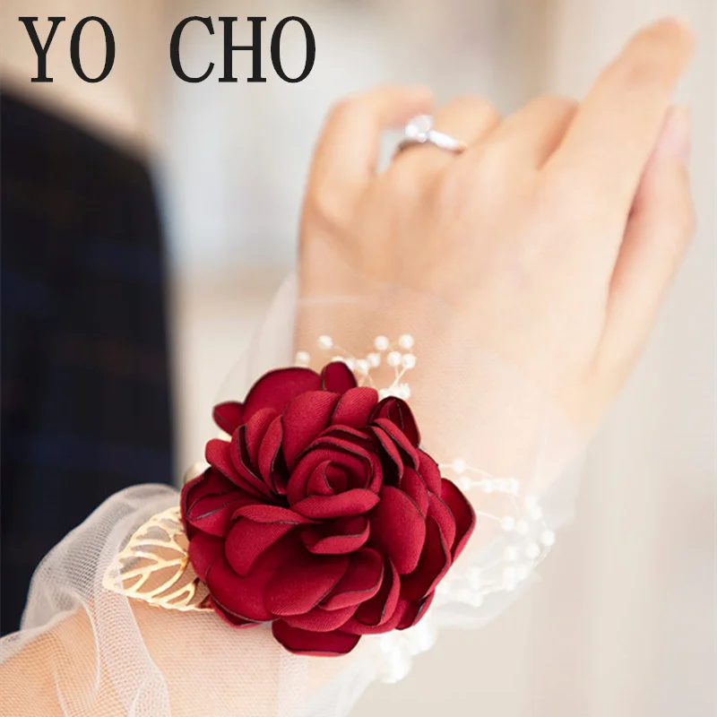 Top Trends: YO CHO Wrist Corsage Wedding Bracelet For Bridesmaid Burgundy Silk Wrist Corsage Bridesmaid Sisters Hand Flowers Men Boutonniere Shoppable Styles