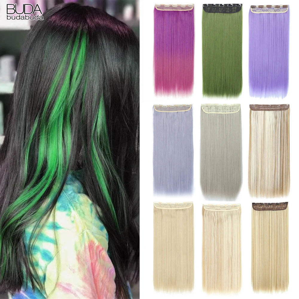 Top Trends: 22Inch 5 Clips In One Piece Long Straight Hair For White Women Hair Synthetic Hairpiece Extensions Brown Green Pink Ombre Shoppable Styles