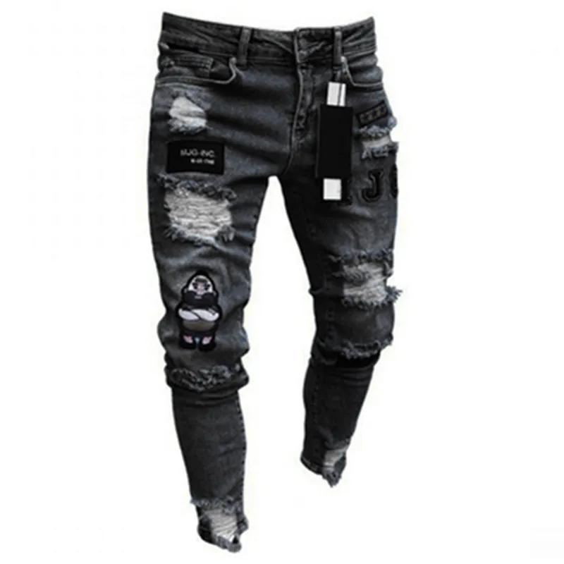 Top Trends: Men Stretchy Ripped Skinny Biker Embroidery Cartoon Print Jeans Destroyed Hole Slim Fit Denim High Quality Hip Hop Black Jeans Shoppable Styles