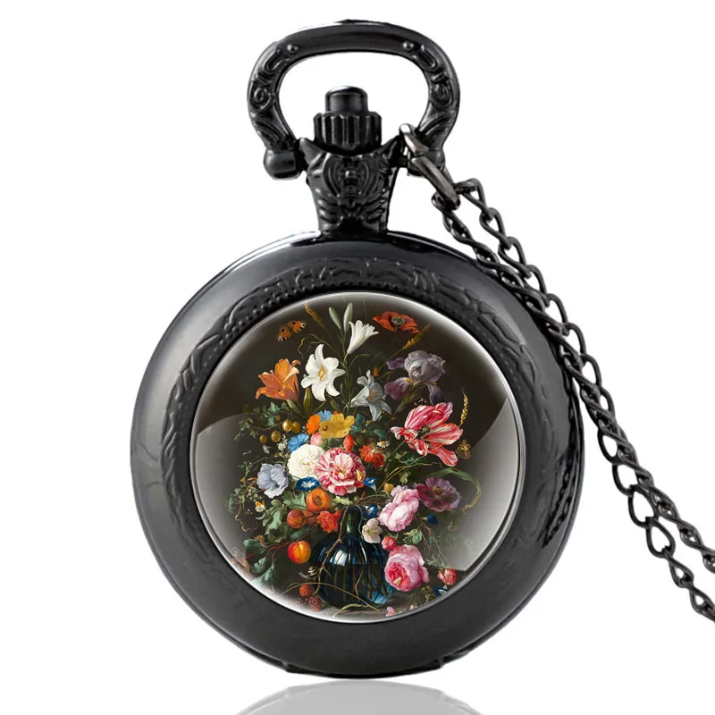 Top Trends: Classic Pretty Flowers Design Black Vintage Quartz Pocket Watch Men Women Charm Pendant Necklace Hours Clock Gifts Shoppable Styles