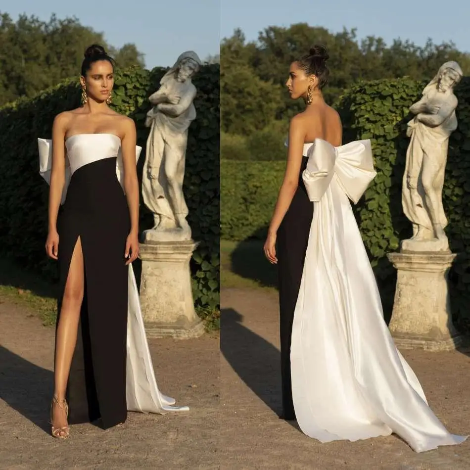 Top Trends: Simple Large Bow Evening Dress Bandeau High Slit Sexy Prom Premium Sense Black And White Contrast Satin Gown 2023 Shoppable Styles