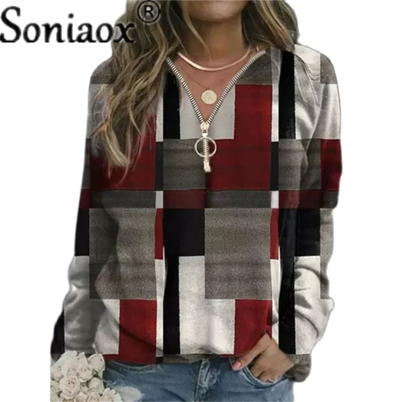 Top Trends: 2021 Autumn Women Sweatshirts Loose Casual V Neck Zipper Long Sleeve Plaid Top Pullover Streetwear Ladies Fashion Ladies Hoodies Shoppable Styles