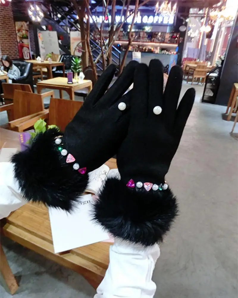 Top Trends: Cashmere Gloves Colorful Rhinestone Flashing Wool Cashmere Gloves Fashion Korean Five-Finger Warm Touch Screen Gloves A396 Shoppable Styles