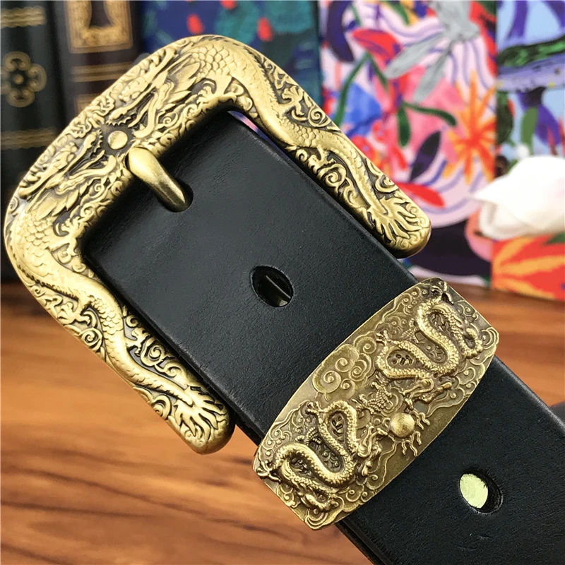 Top Trends: Chinese Dragon Cowboy Brass Belt Buckle Men&#039; Belt Ceinture Homme Yellow Belt Male Wide Jeans Men Leather Belt Riem MBT0099 Shoppable Styles