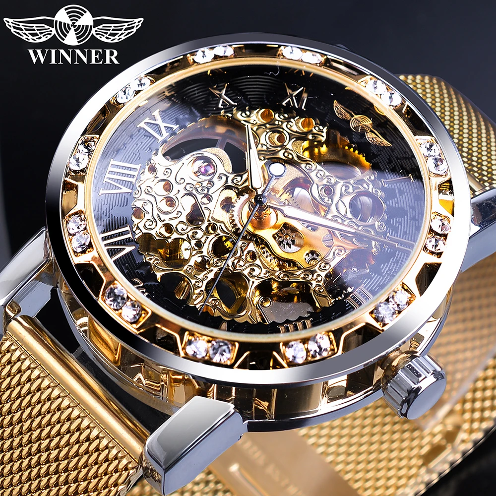 Top Trends: Winner Golden Watches Men Skeleton Mechanical Watch Crystal Mesh Slim Stainless Steel Band Top Brand Luxury Hand Wind Wristwatch Shoppable Styles