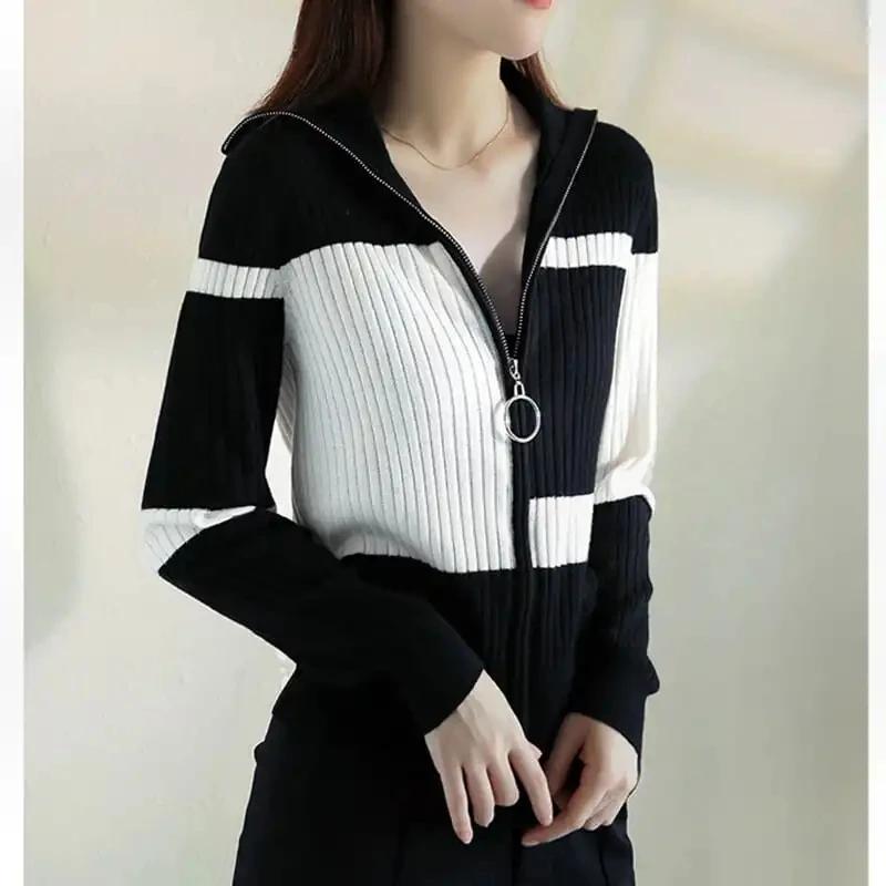 Top Trends: Fashion Knitted Jacket Female 2022 Autumn Striped Slim Caot Simple Contrast Color All-Match Zipper Cardigan Women Blousers 756 Shoppable Styles - Image 2