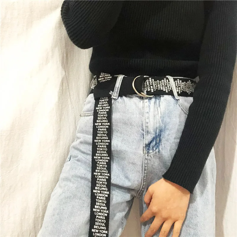 Top Trends: Punk Canvas Belt Women Men Harajuku Letter Flame Printing Long Waist Strap D Ring Buckle Black White Female Trouser Jeans Belts Shoppable Styles - Image 6