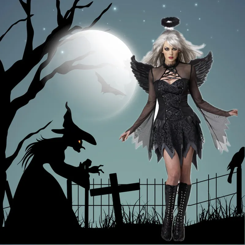 Top Trends: Ataullah Halloween Cosplay Dress Dark Angel Wings Costume Carnival Party Ghost Vampire Woman Mesh Sexy Dress Hair Hoop DW001 Shoppable Styles