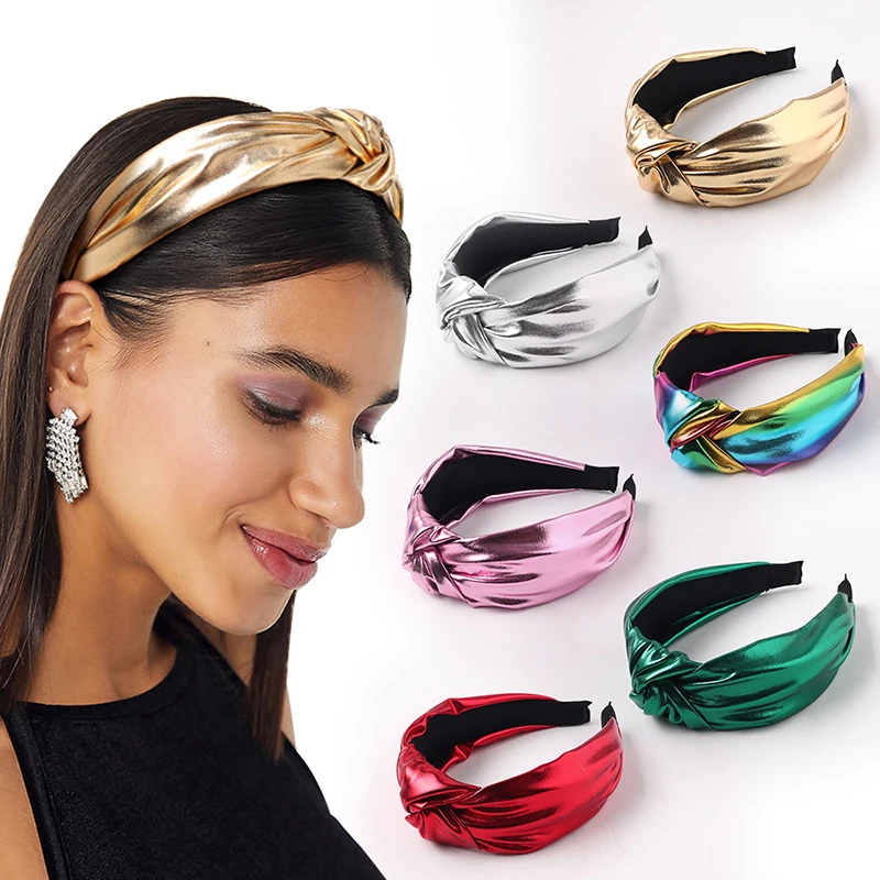 Top Trends: 2022 PU Leather Headbands Gold Silver Knotted Hairbands Glitter Headband Solid Color Leather Hair Hoop Women Hair Accessories Shoppable Styles