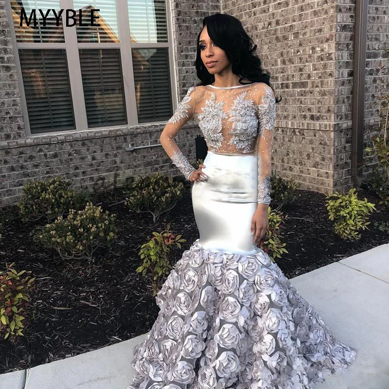 Top Trends: Silver African Mermaid Evening Dress 2020 New Rose Flower Skirt Long Sleeves Elegant Prom Dresses Abendkleider Robe De Soiree Shoppable Styles