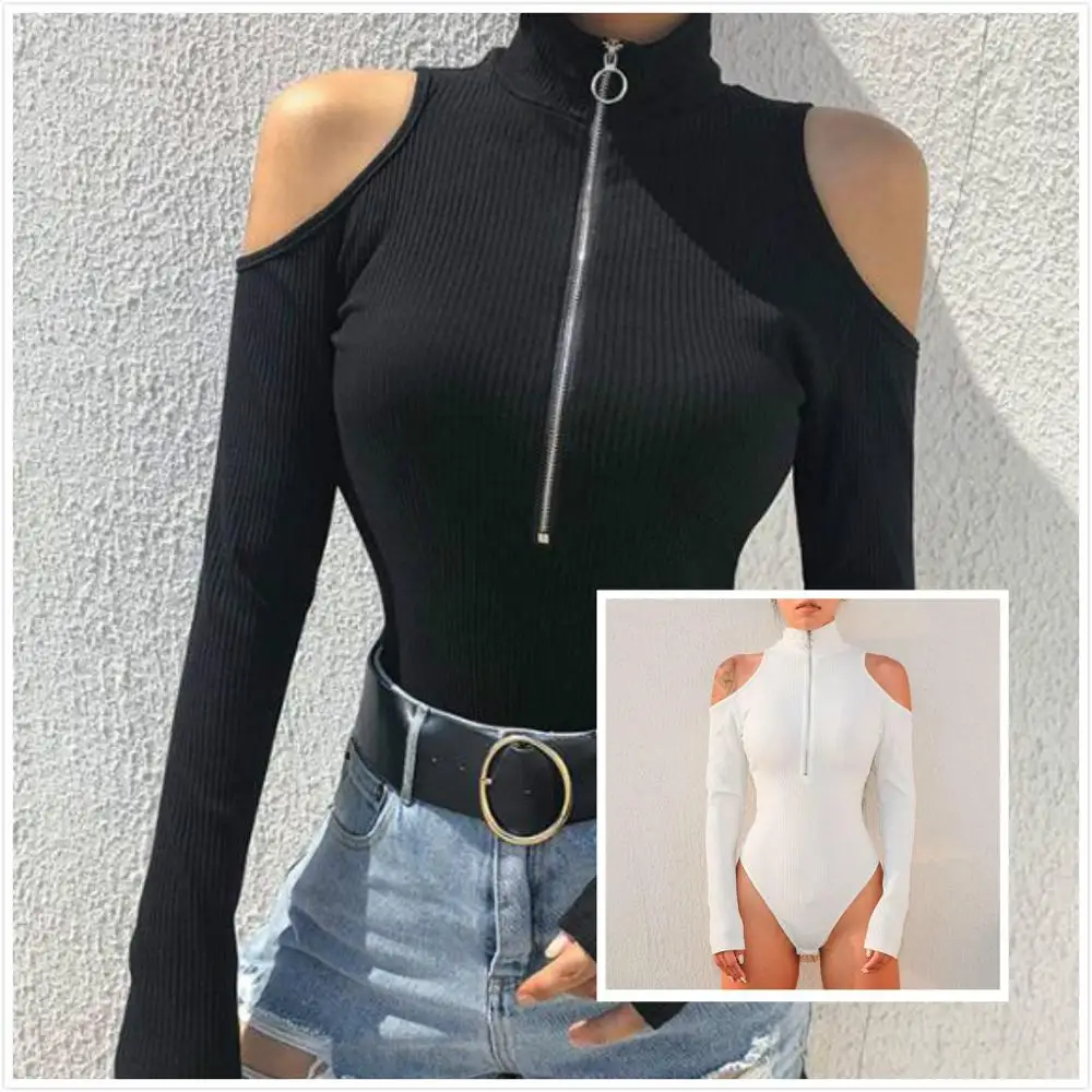 Top Trends: Sexy Off Shoulder Black Bodysuit Long Sleeve High Neck Zipper Bodycon Jumpsuit Romper Ladies Sexy Jumpsuit One Piece Mono Mujer Shoppable Styles