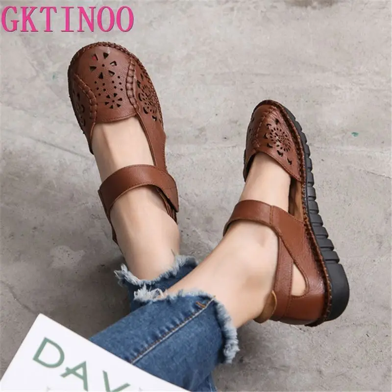 Top Trends: GKTINOO Hollow Genuine Leather Breathable Soft Flat Sandals Summer Women Shoes Woman Casual Solid Buckle Strap Ladies Sandals Shoppable Styles