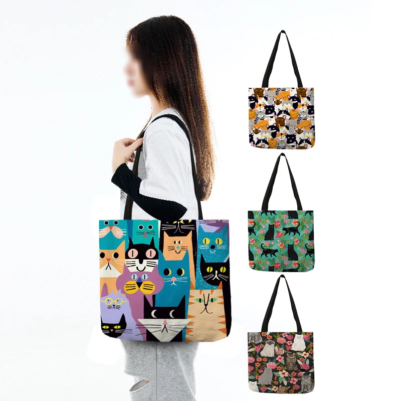 Top Trends: Cute Cartoon Floral Cat Print Women Shopping Bag Linen Fabric Shoulder Bag Eco Storage Handbag Reusable Foldable Grocery Totes Shoppable Styles