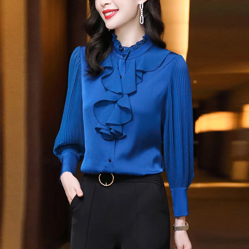 Top Trends: Women Blouse Lace Ruffles Chiffon Shirts Clothes Spring Autumn Office Lady Folds Lantern Sleeve Pullovers Elegant Vintage Blouse Shoppable Styles