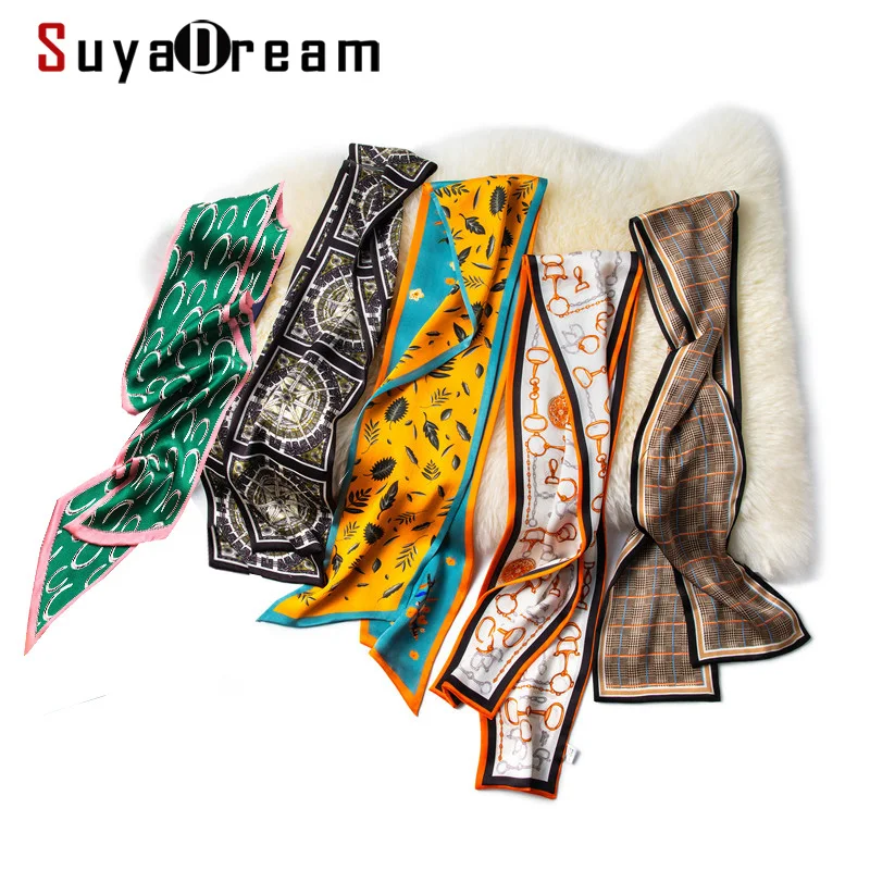 Top Trends: SuyaDream Woman Print Silk Scarf 100% Mulberry Silk 145CMX15CM Two Layers Long Silk Scarves 2024 Spring Office Lady Shoppable Styles