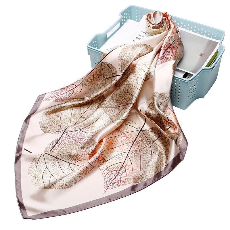 Top Trends: QLUKEOYY Silk Scarf Women 2021 New 90cm Silk Simulation Small Square Scarves Leaf Print Shawl Kerchief Coverchief Headcloth Shoppable Styles