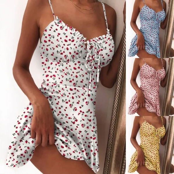 Top Trends: 2020 Women Fruit Printed Sweet Sling Dress Ladies Summer Fashion Sleeveless Sexy V-neck Lace-up Dress Party Shopping Daily Wear Shoppable Styles