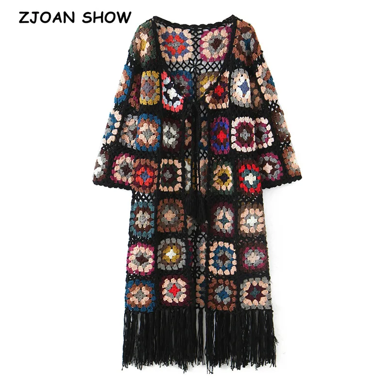 Top Trends: BOHO Colored Plaid Flower Hand Crochet Cardigan Vintage Woman V Neck Lacing Up Hem Tassel Long Sweater Knitwear Jumper Shoppable Styles