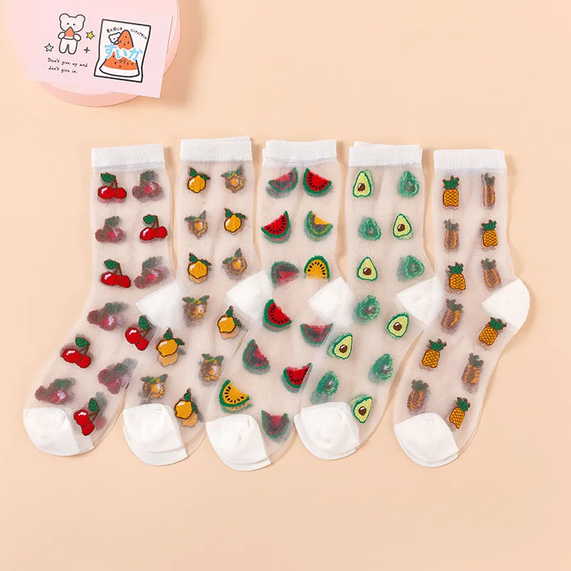 Top Trends: Korean Style Thin Transparent Funny Socks Women Fruit Avocado Watermelon Pineapple Creative Design Glass Skarpety Lace Sokken Shoppable Styles