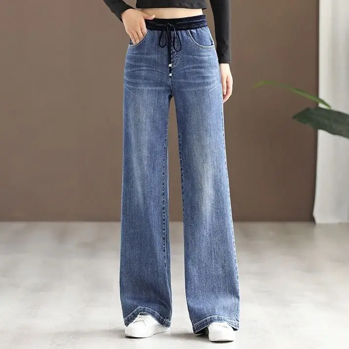 Top Trends: Elastic Waist Denim Wide-leg Pants Women's Spring 2021 New Korean Style High-waist Slim Loose Wild Trend Straight-leg Pants Shoppable Styles