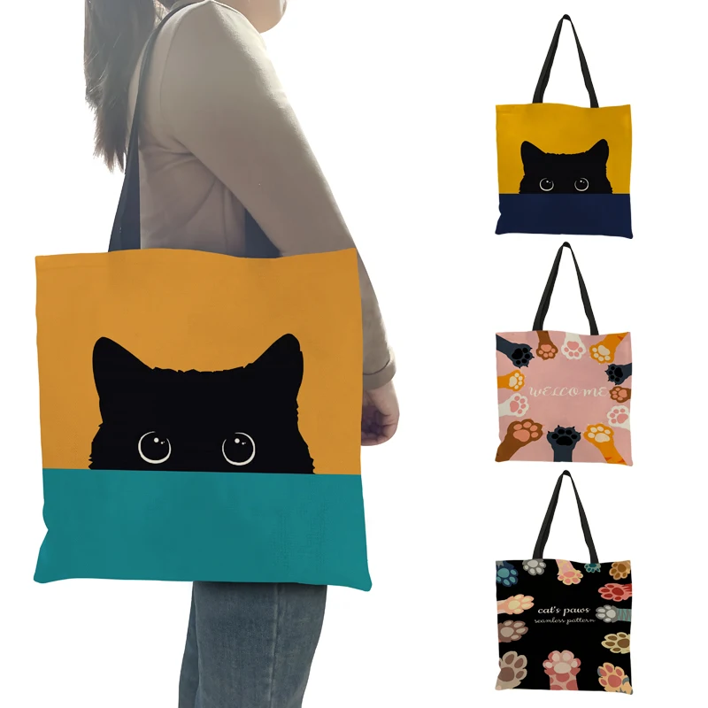 Top Trends: Casual Tote Bag Cute Pet Black Cat Paw Print Women Shoulder Bag Handbag Ladies Eco Reusable Shopper Bags For Grocery Shopping Shoppable Styles