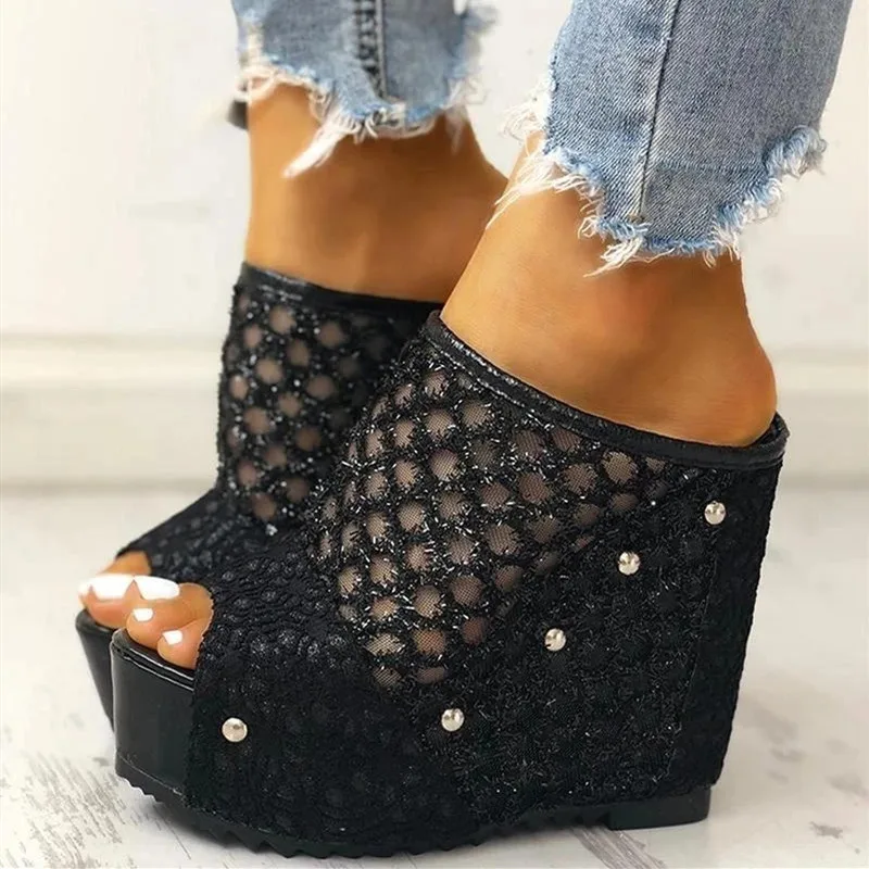 Top Trends: Akexiya Summer Women Mesh Sandals Platform Wedge Heel Studed Slip On Peep Toe Rubber Sole Elegant Mature Ladies Shoes Female Shoppable Styles