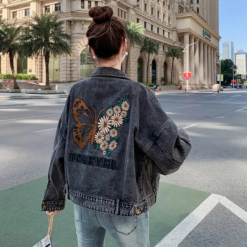 Top Trends: Embroidered Letter Denim Jacket Flower Woman Spring Autumn Coat Cotton Outwear Turn Down Collar Button Female Girl School Jeans Shoppable Styles