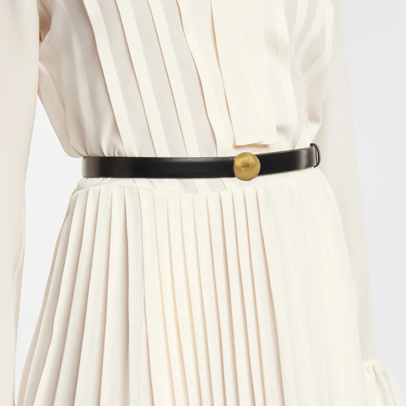 Top Trends: Retro Gilt Ball Buckle Leather Thin Belt Ancient Gold Three-dimensional Round Buckle Leather Belt Ladies Trousers Dress Decorati Shoppable Styles