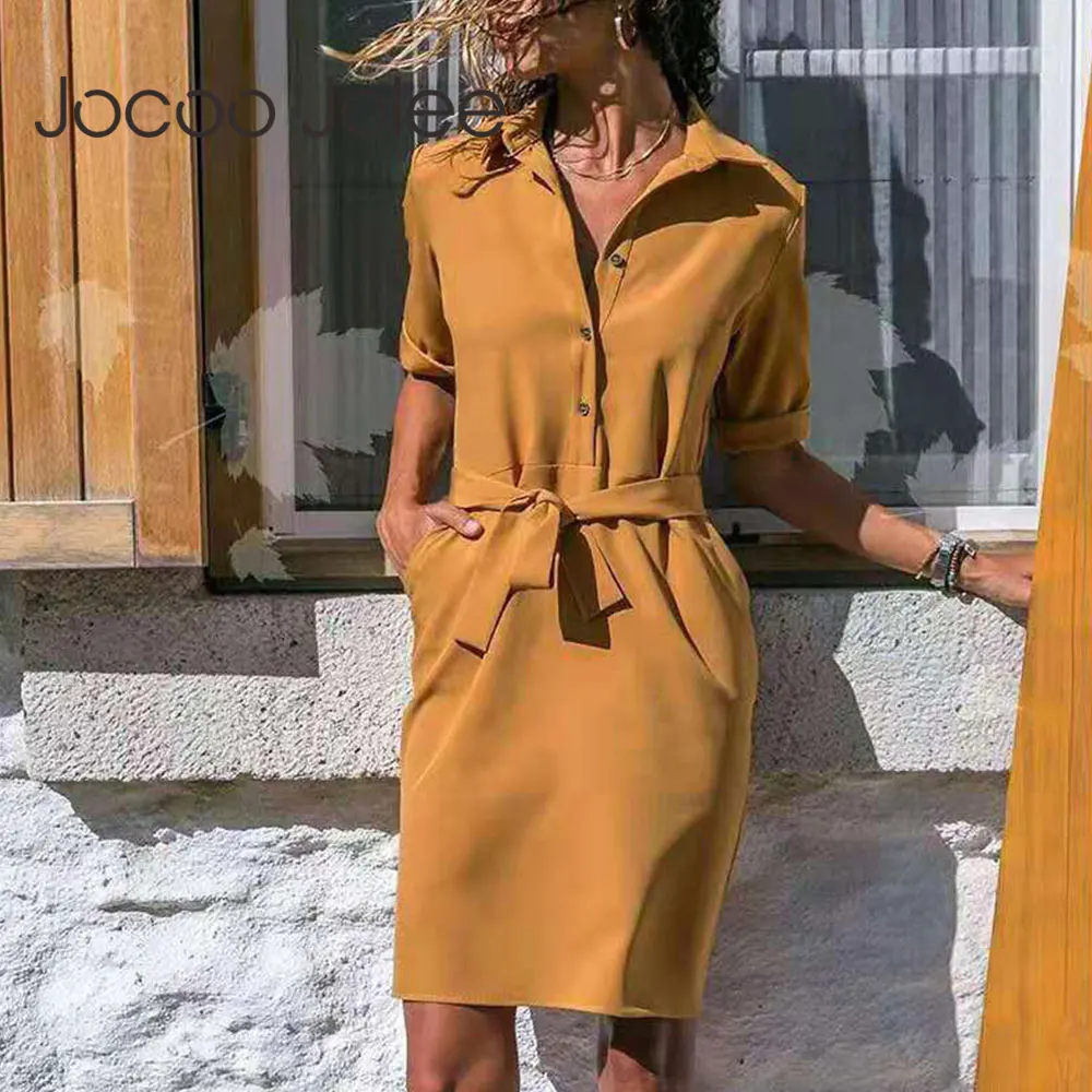 Top Trends: Jocoo Jolee Shirt Dress Women Turn-down Collar Sashes Knee-length Dress Casual Psrty Dress Oversized Loose Dress Vestidos Robe Shoppable Styles