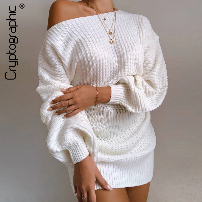 Top Trends: Cryptographic Casual Knitted Mini Dress Women Autumn Winter Sweaters Balloon Long Sleeve Knitwear Women's Dresses Loose Jersey Shoppable Styles