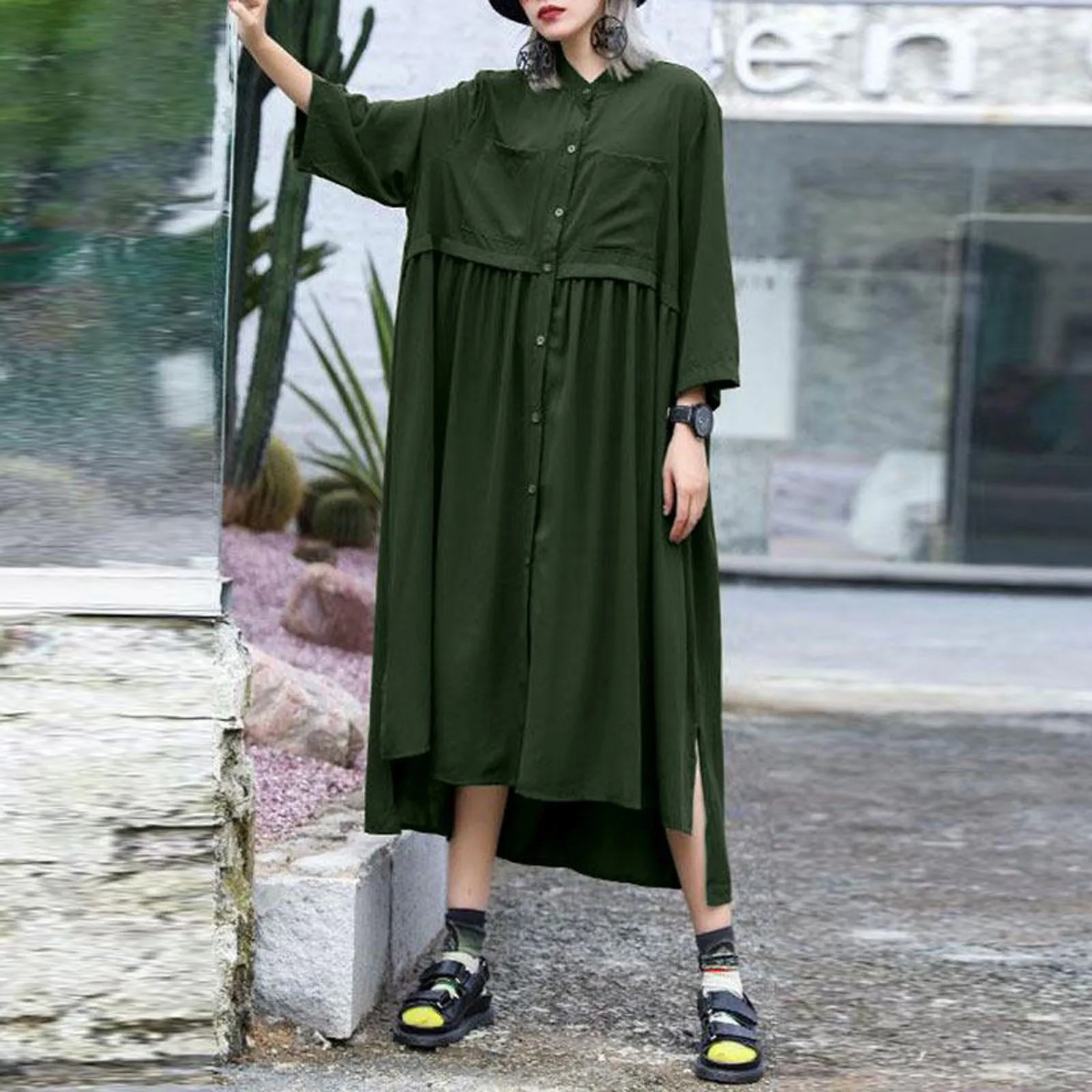 Solid Color Dress Women's Fashion Loose Cardigan Button Solid Color O ...