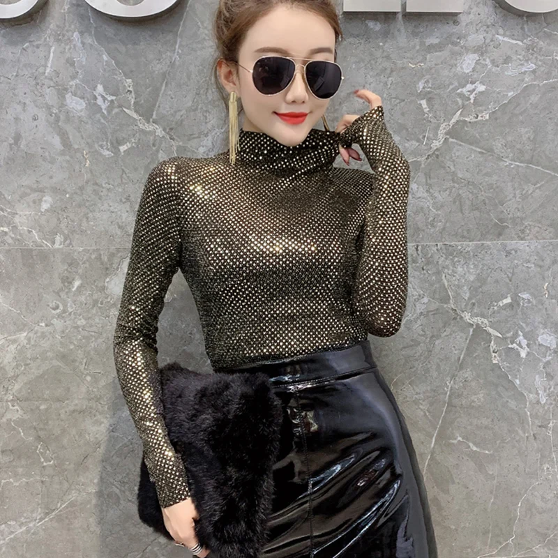 Top Trends: #5502 Shinny Sequins T Shirt Women Sexy Basic Turtleneck T Shirt For Women Long Sleeved Slim Tight T-shirt Femme Tee Shirt Shoppable Styles - Image 5