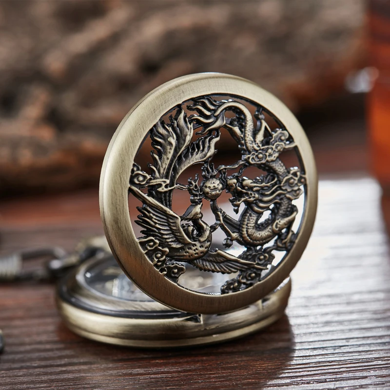 Top Trends: Mechanical Pocket Watch Dragon Phoenix Play Ball Steampunk Skeleton Hand-wind Flip Clock Fob Watch With Chain Double Hunter Gift Shoppable Styles