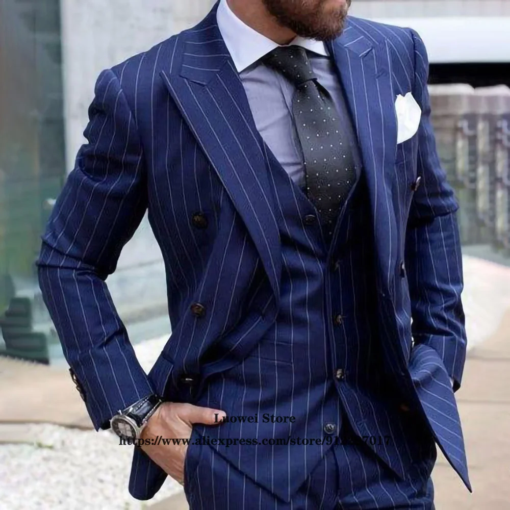 Top Trends: Classic Stripe Slim Fit Mens Suits 3 Piece Jacket Vest Pants Set For Groom Wedding Peaked Lapel Tuxedo Formal Business Blazer Shoppable Styles