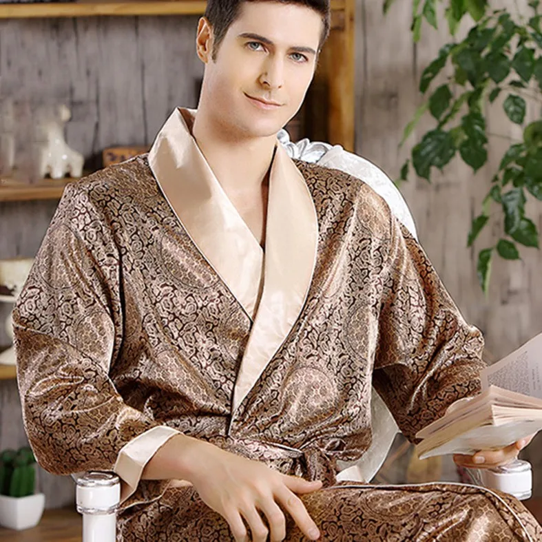 Top Trends: Men&#039;s Robe Nightgown Satin Kimono Bathrobe Gown Casual Sleepwear Plus Size Print Gold Home Dressing Gown 3XL 4XL 5XL Shoppable Styles