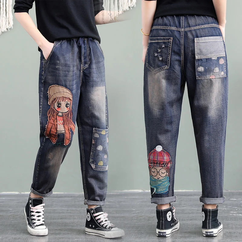 Top Trends: Elastic Waist Jeans Spring Summer Korean Retro Jeans Female Cartoon Girl Patch Pocket Embroidery Distressed Harem Pants Women Shoppable Styles