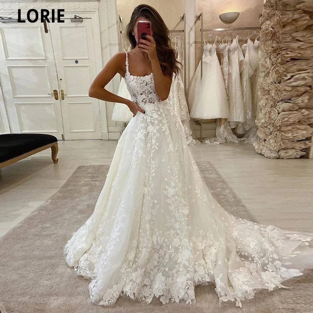 Top Trends: LORIE Princess Wedding Dresses Lace Appliques Beach Bridal Gowns Boat Neck Spaghetti Straps Boho Country Wedding Gown Open Back Shoppable Styles