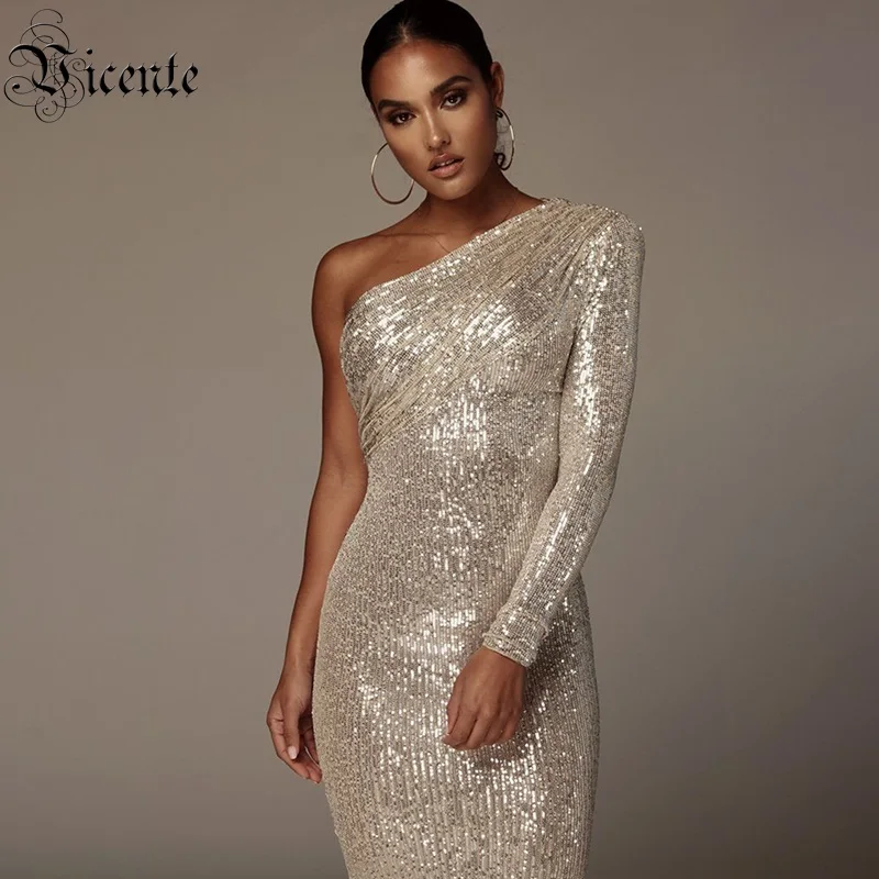 Top Trends: VC Sexy One Shoulder Dress Women Sparkle Glitzy Sequins Dress Mesh Patchwork Celebrity Christmas Party Vestidos Shoppable Styles