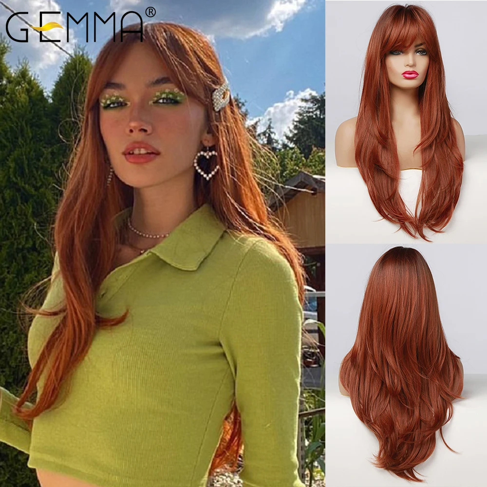 Top Trends: GEMMA Long Straight Ombre Black Orange Wine Red Wig With Bangs Synthetic Wigs For Women Heat Resistant Layered Cosplay Daily Wig Shoppable Styles