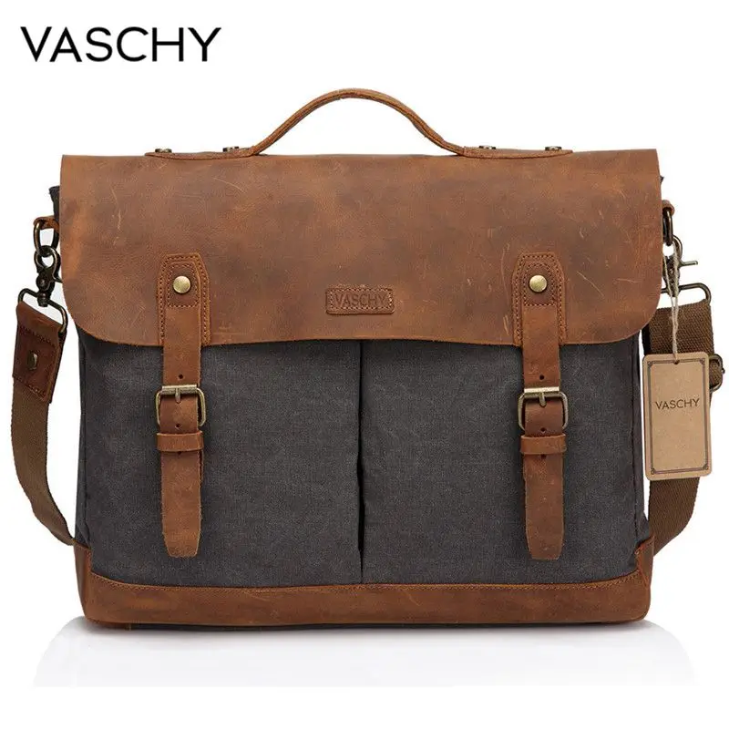 Top Trends: VASCHY Casual Men&#039;s Briefcase Business Messenger Bag Cowhide Leather Canvas Shoulder Bag 15.6 Inch Laptop Handbag For Men Shoppable Styles